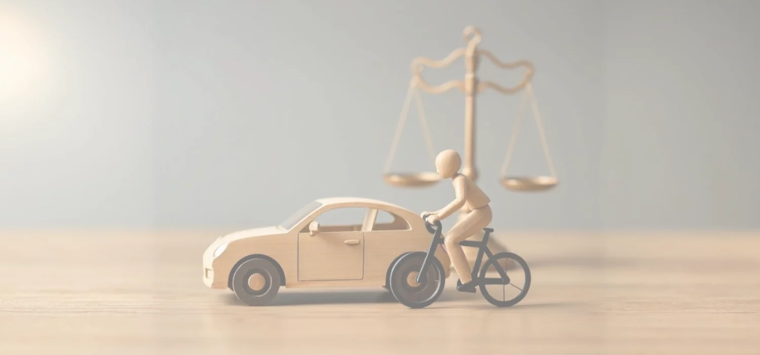Vélo, voiture et balance de justice illustrant les droits des victimes d’un accident de la circulation dans le cadre de la loi Badinter